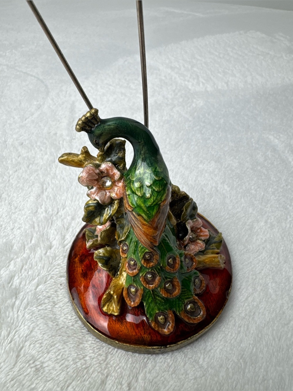 Handpainted Peacock Figurine Photo/Note Holder - Green & Gold
